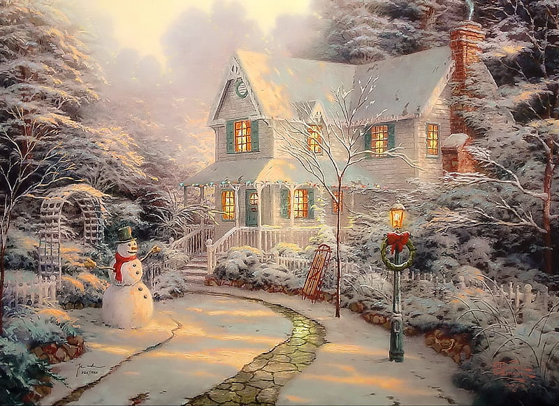 Snowman in the Garden, pretty, Art, Snowman, Winter, HD wallpaper