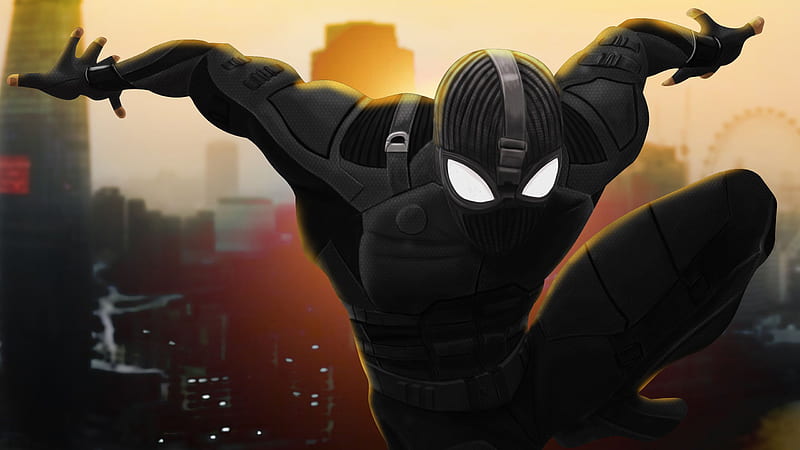 Spider Man Far From Home Black Spider Man With Background Of High Rising Buildings And Sunrise Spider Man Far From Home, HD wallpaper