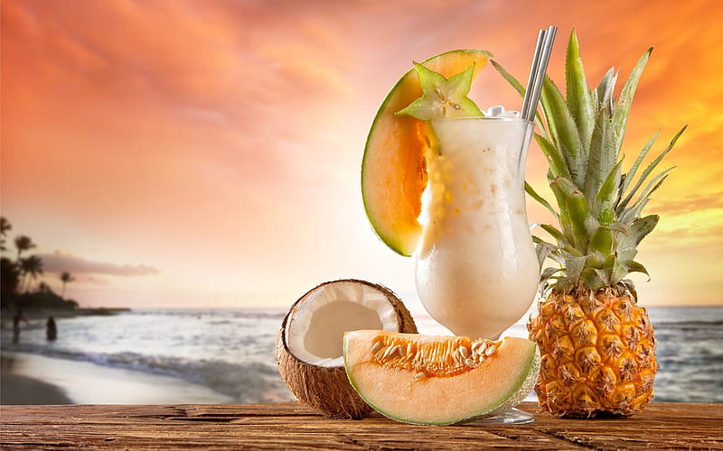 Summer drink, Pineapple, Melon, Glass, Coconut, beach, HD wallpaper
