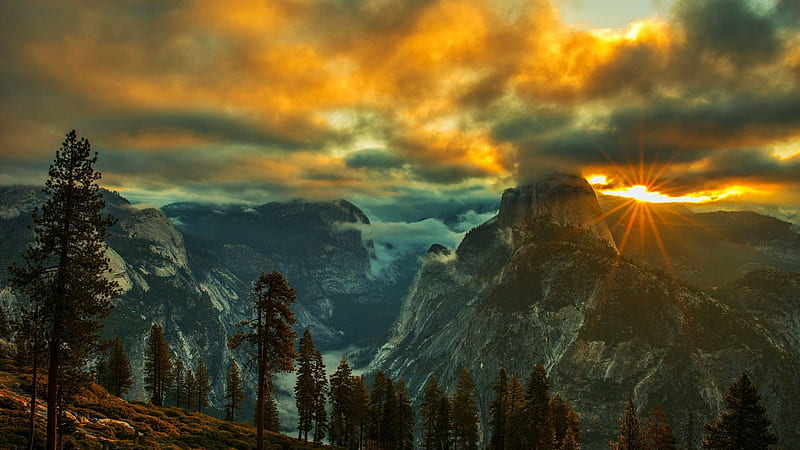 Autumn Sunset at Yosemite, California, mountains, valley, landscape, trees, clouds, sky, usa, HD wallpaper