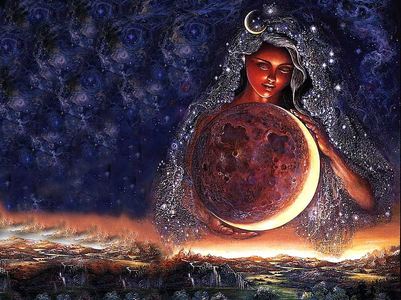 Moon goddess, art, luminos, moon, goddess, josephine wall, fantasy, moon, girl, night, HD wallpaper