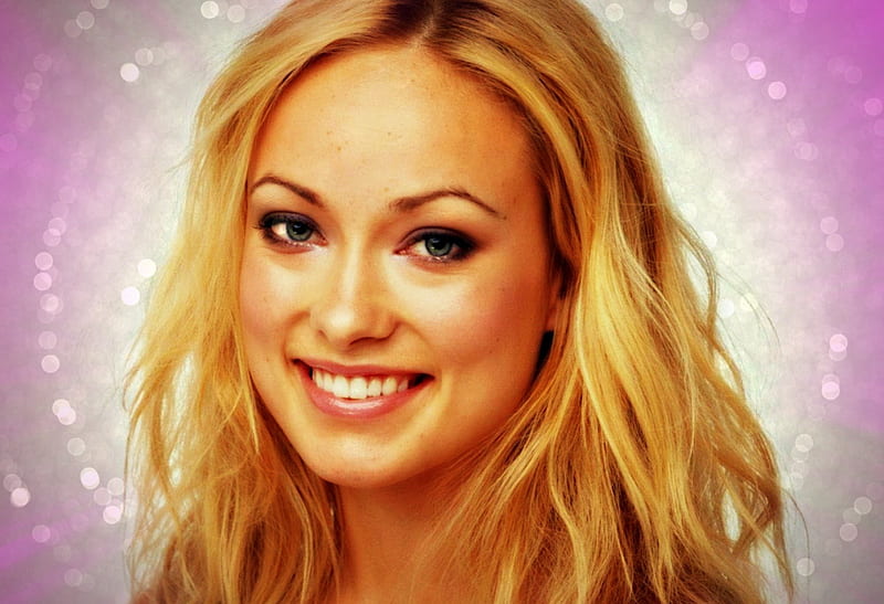 Olivia Wilde, glitter, blonde, by cehenot, smile, actress, beauty, white, pink, HD wallpaper