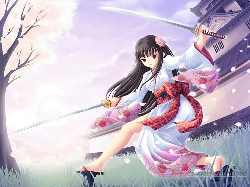 A Girl With a Sword, swords, female, grass, brown hair, anime, A gril ...