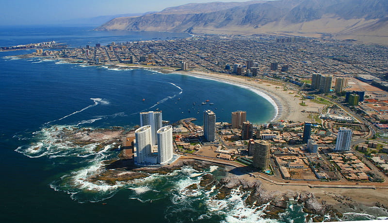 Cavancha beach, Iquique, peninsula, buildings, ocean, cityscape, skyscrapers, sand, water, Chile, landscape, HD wallpaper