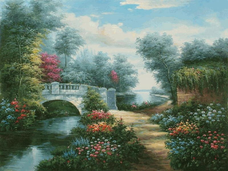 Broadwater Bridge, creek, trees, sky, clouds, lake, pond, tree, water, walkway, stone, bridge, flower, flowers, garden, HD wallpaper