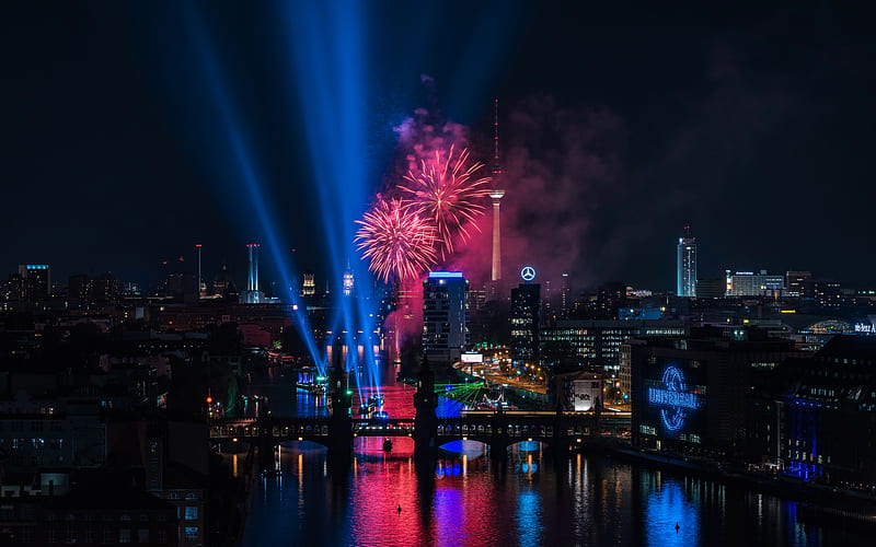Berlin, night, fireworks, Berlin TV Tower, holiday, Germany, HD wallpaper