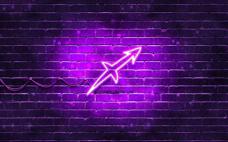 Sagittarius neon sign violet brickwall, creative art, zodiac signs, Sagittarius zodiac symbol, Sagittarius zodiac sign, astrology, Sagittarius Horoscope sign, astrological sign, zodiac neon signs, Sagittarius, HD wallpaper
