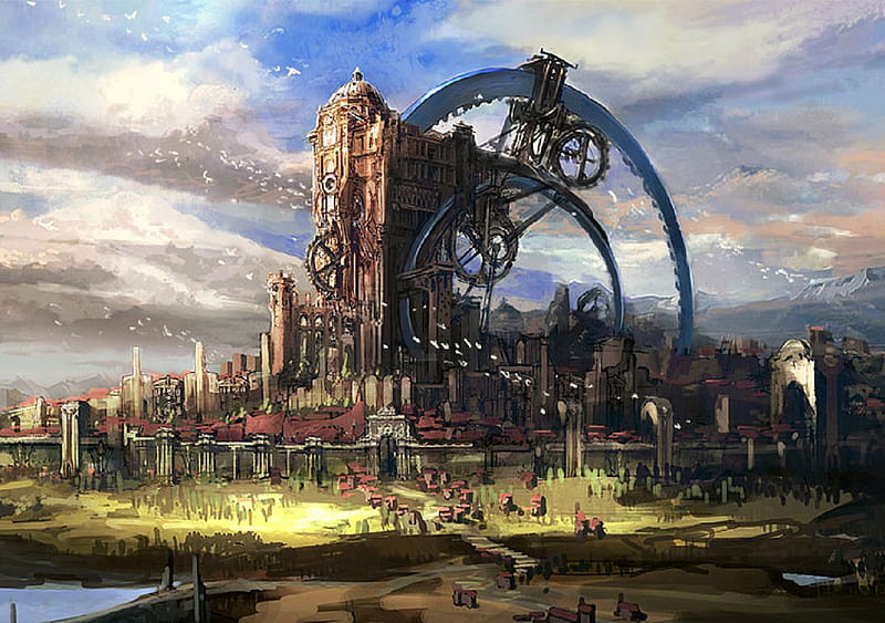 clockwork citadel, building, tera, clock, fantasy, HD wallpaper