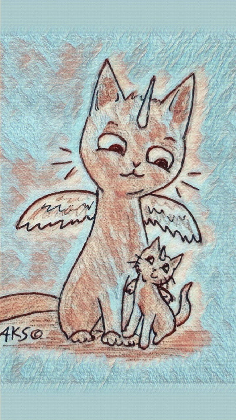 Cartoon Kitties -cat, anime, art, cats, drawn, fantasy, kid, kitty, mom, pegasus, unicorn, HD phone wallpaper