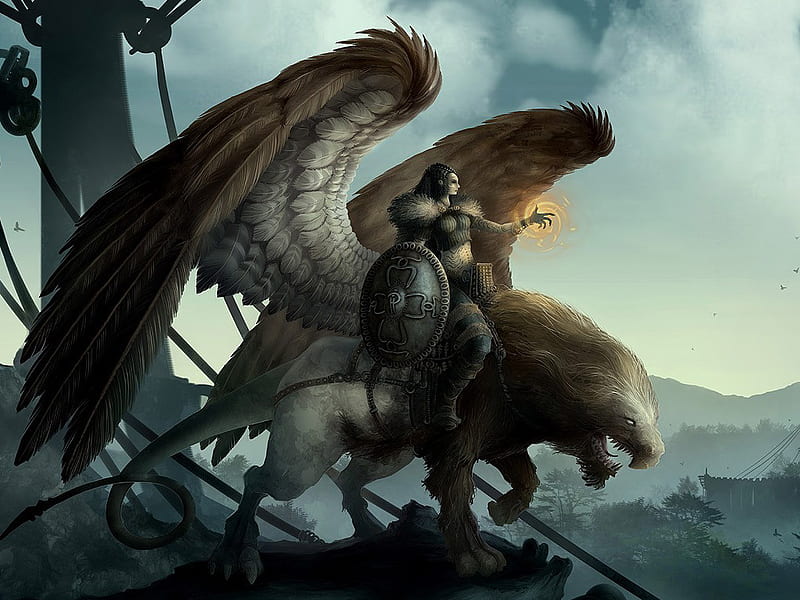 mythical ride, myth, warrior, ride, creature, HD wallpaper