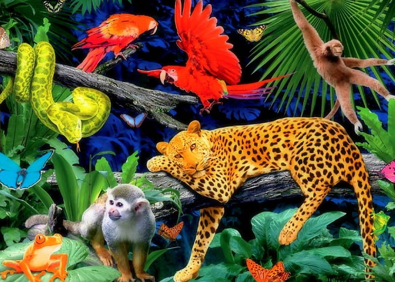 ☆Living in the Forest☆, pythons, leopards, monkeys, digital art, jungle,  forests, HD wallpaper | Peakpx