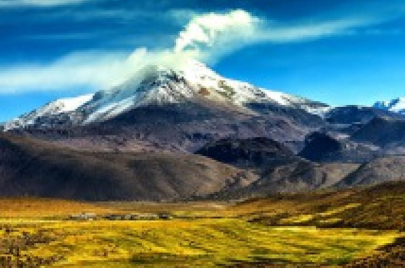 Volcano And Hamlet Guallatire, bonito, Northern Chile, volcano, mountains, prairie, village, Andes, animals, snowy peaks, HD wallpaper