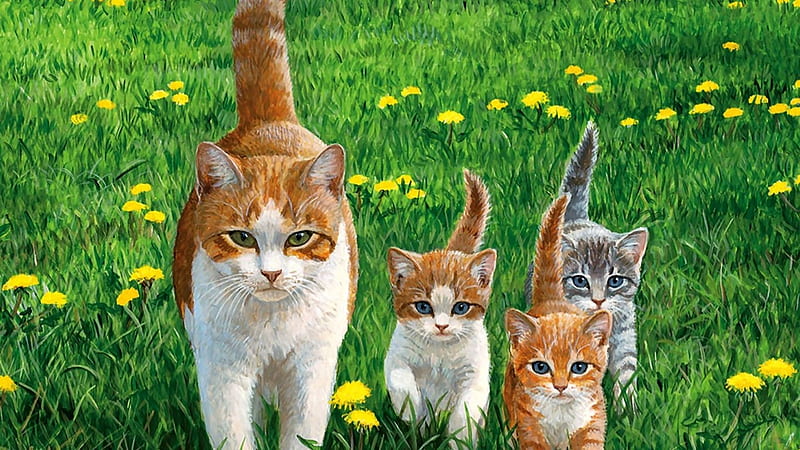 cats-grass-painting-animal-beautiful-cat-lawn-pet-feline-artwork-tails-happy-dandelions-art-kittens-big gallery, Katzenbabys, Familie, Cats, Deutschland, HD wallpaper