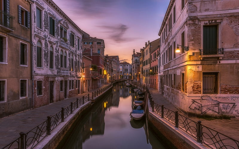Venice, boats, canal, evening, sunset, Italy, HD wallpaper