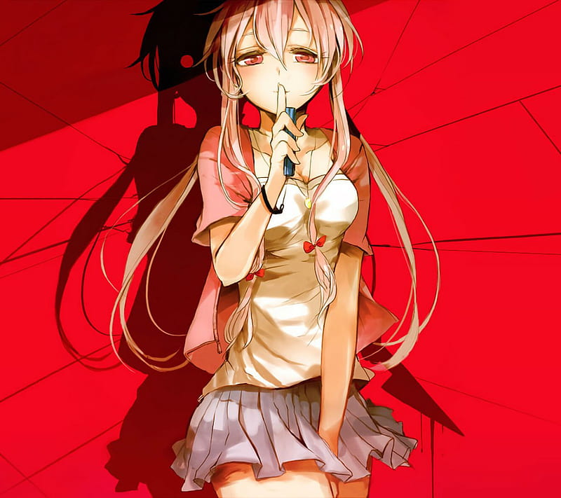 angry, face, open mouth, Mirai Nikki, Gasai Yuno, anime, anime girls,  yandere, red background, simple background