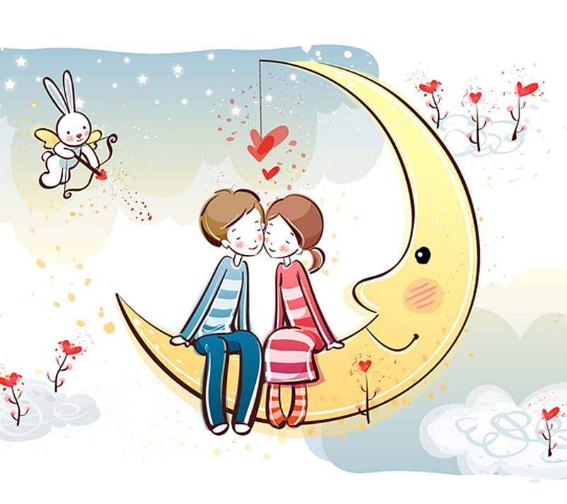 Kiss On The Moon, couple, cute, HD wallpaper