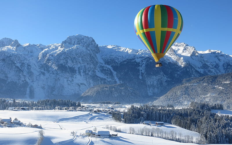 Hot Air Balloon in Winter, snow, hot air balloon, mountains, winter, landscape, HD wallpaper