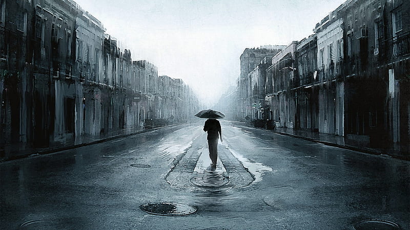 rain, Man, Black and White, Umbrella, Nature, HD wallpaper
