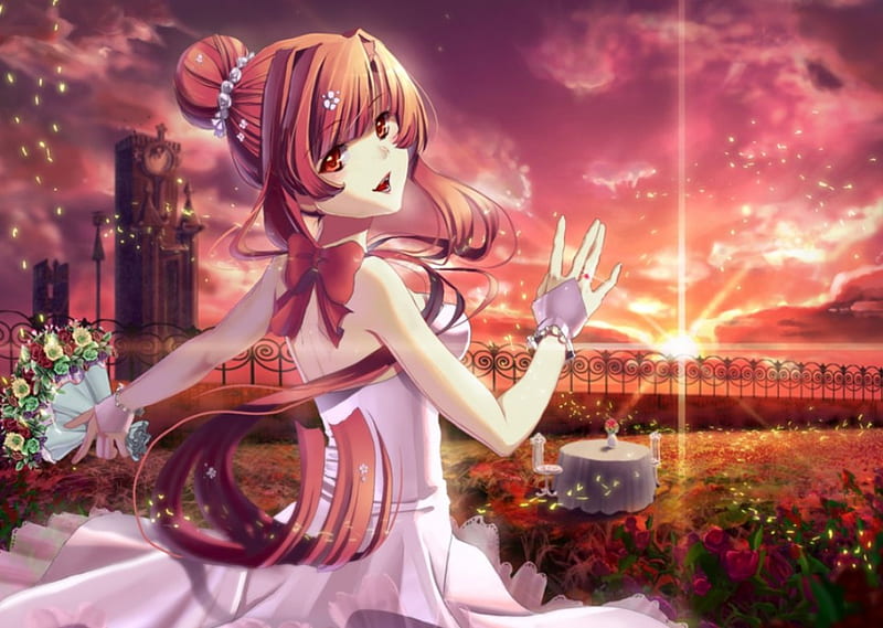 Night of the Bride, pretty, dress, sun, rose, sunset, floral, sweet, blossom, nice, sexy hot, anime, anime girl, chair, long hair, wed, table, female, cloud, lovely, gown, sky, roses, wedding, happy, cute, girl, bouquet, flower, garden, HD wallpaper