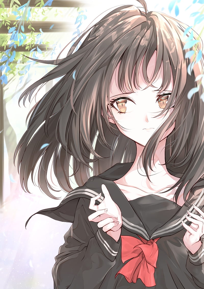 anime school girl, seifuku, uniform, brown hair, wind, Anime, HD phone wallpaper