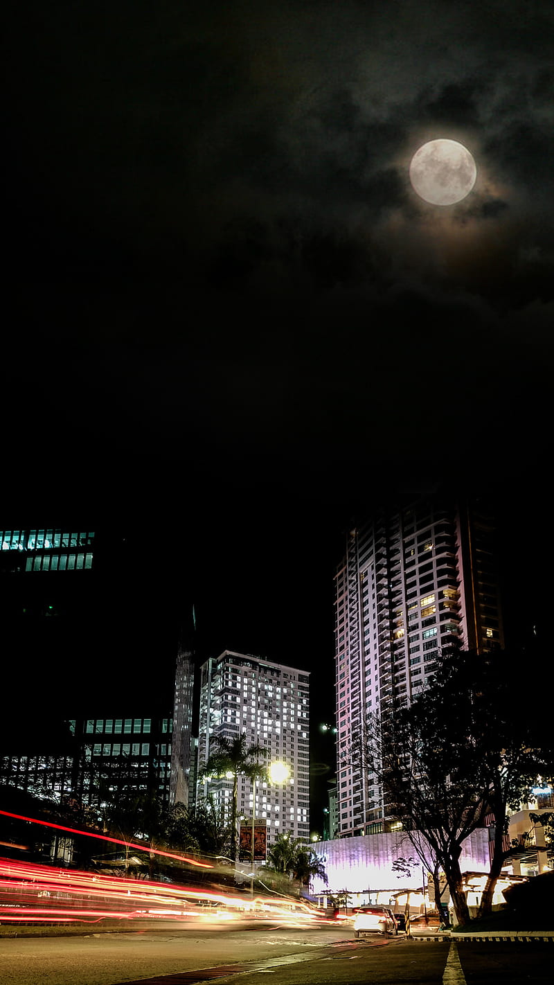 Night Lights, asus, building, city, landscape, lighttrails, moon, new, year, HD phone wallpaper