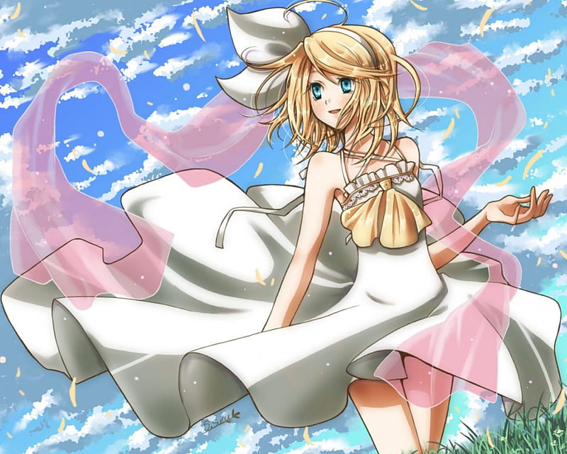 ~Peaceful Days~, vocaloid, dress, grass, blonde, spring, rin kagamine, sky, clouds, pedals, anime, HD wallpaper