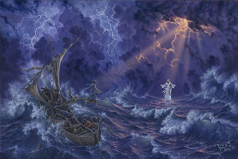 Leap of Faith by Abraham Hunter, sea, art, water, abraham hunter, painting, jesus christ, storm, pictura, HD wallpaper