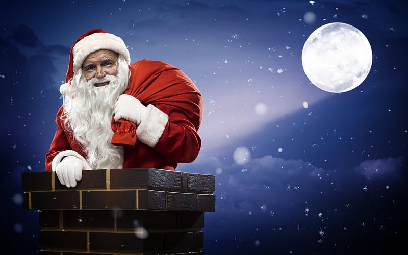 Santa Claus, red, roof, moon, craciun, christmas, winter, moon, snow, white, blue, night, HD wallpaper