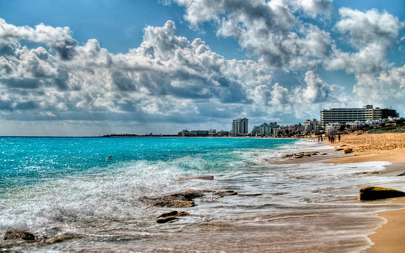 beautiful beach in cancun mexico r, hotels, beach, surf, r, waves, sky, sea, HD wallpaper
