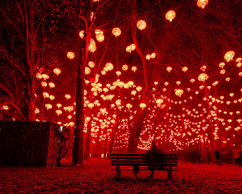 Romantic Park, red, bench, park, lantern, HD wallpaper