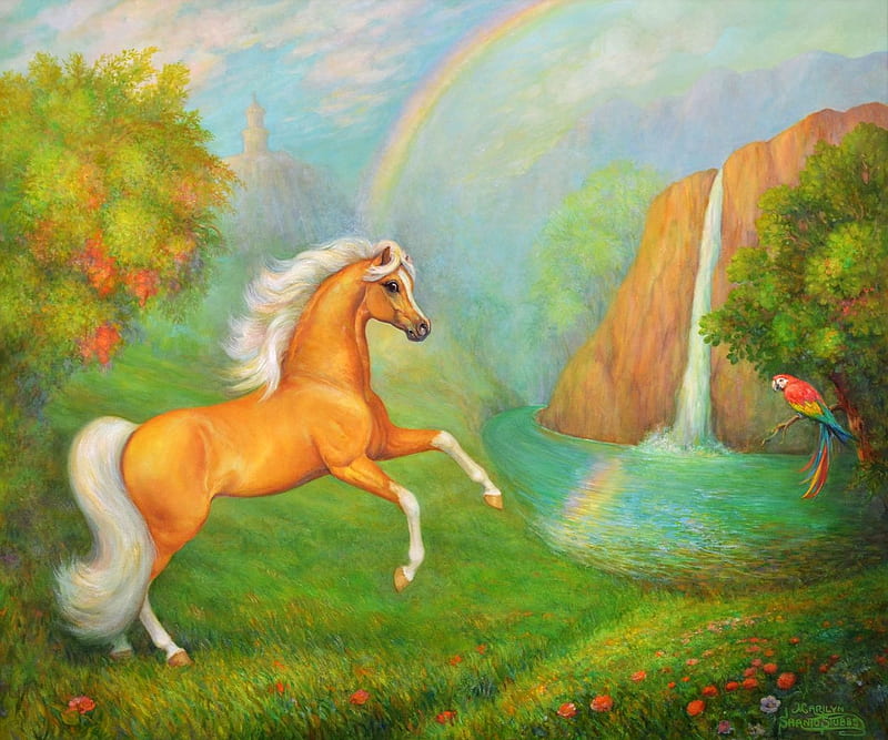 Palomino At Waterfall, jumping, painting, flowers, horse, artwork, HD wallpaper