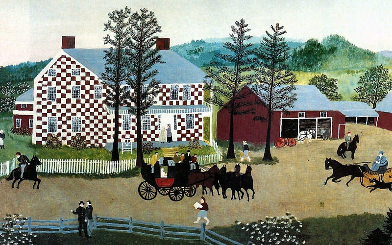The Old Checkered House 1, art, Grandma Moses, painting, wide screen, scenery, artwork, landscape, HD wallpaper