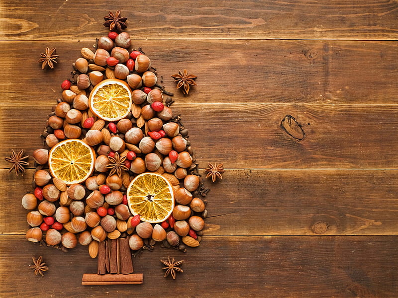 Christmas tree, Fruit, Christmas, Nuts, Citrus, Food, wood, HD wallpaper