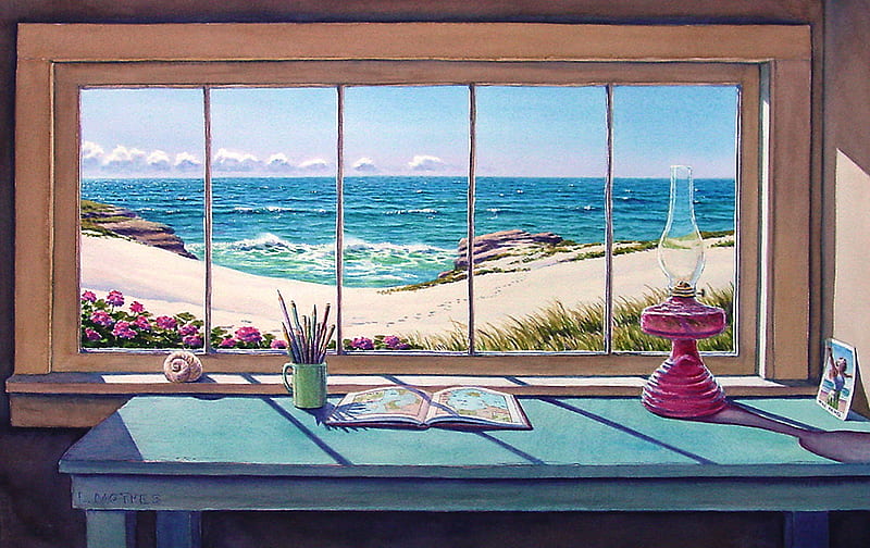 Window Panes, table, latern, book, flowers, sea, HD wallpaper
