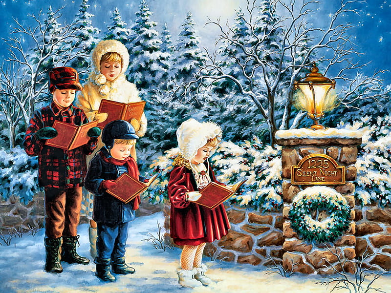 Chorus of Carolers F, Christmas, art, holiday, December, bonito, illustration, artwork, winter, snow, people, painting, wide screen, occasion, scenery, HD wallpaper