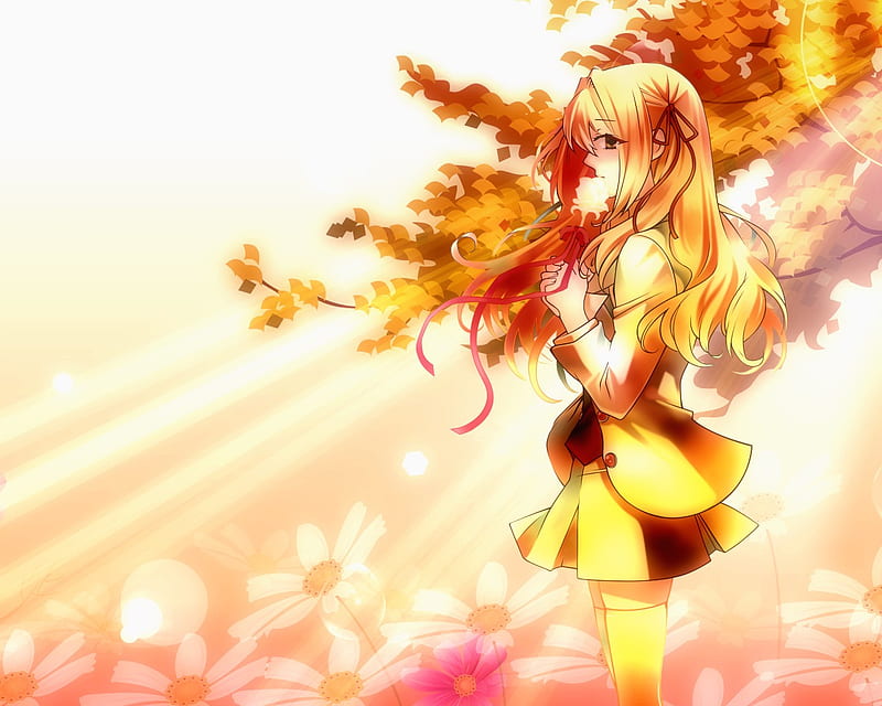 Golden Girl, gold, girl, anime, yellow, peace, woman, leaf, HD wallpaper