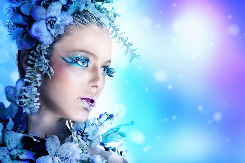 Ice Queen, pine, makeup, ribbon, flowers, ice, diamonds, women, HD wallpaper