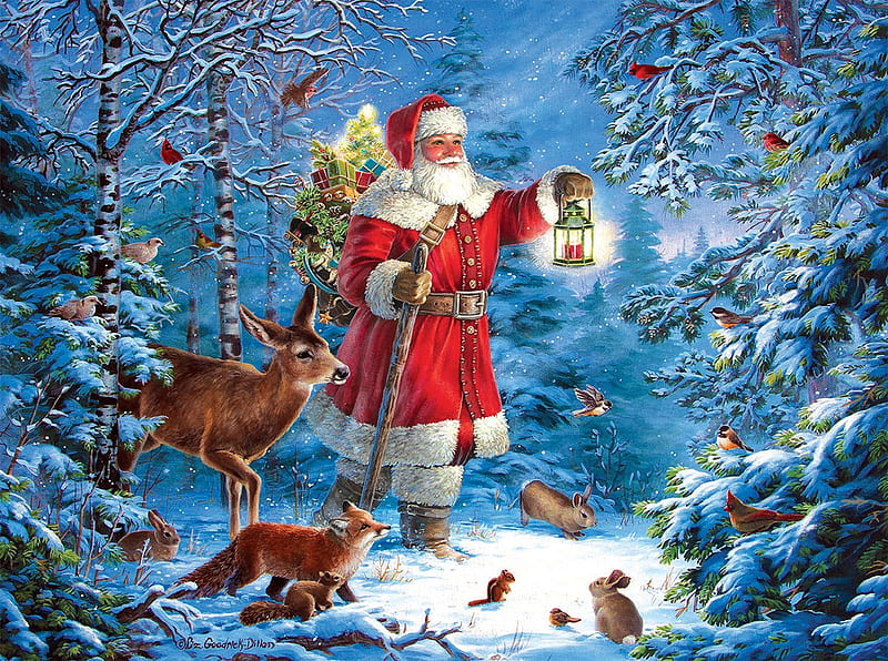 Santa Claus, red, forest, art, craciun, deer, animal, old man, hat, santa,  fox, HD wallpaper | Peakpx