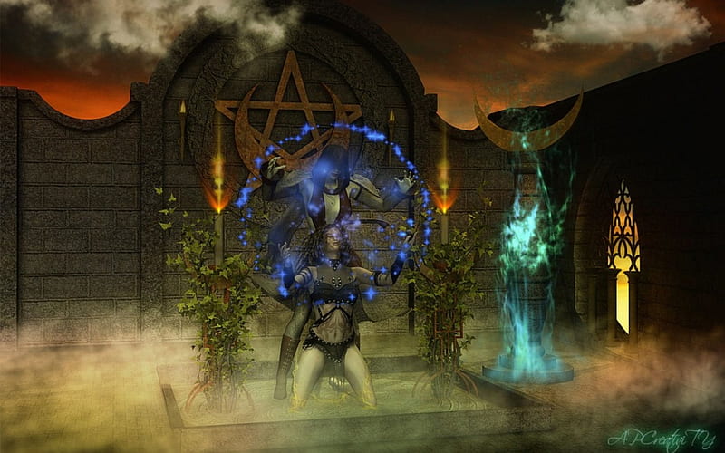 The Apprentice, moon, plants, power, magic, woman, lights, fog, pentagram, HD wallpaper