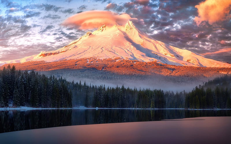 Mountains, forest, lake, sunset, evening, Trillium Lake, Oregon, HD wallpaper