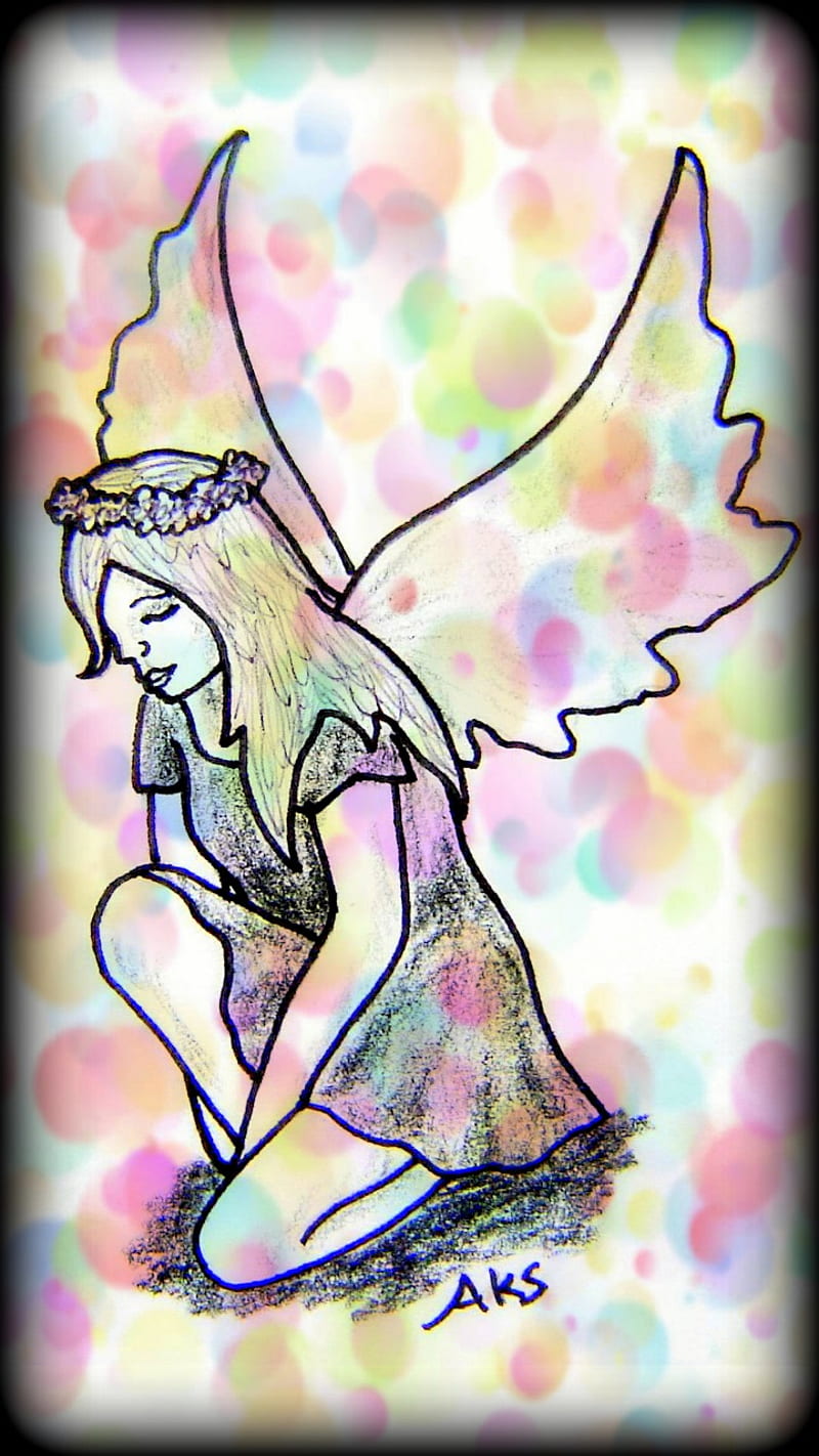 Kneeling Fairy Girl, art, bubbles, candy, cute, drawn, faerie, fantasy, female, myth, HD phone wallpaper