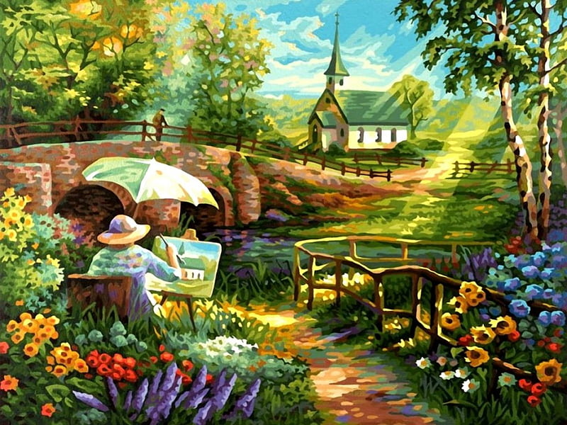 Painting a landscape, pretty, shine, bonito, woman, countryside, draw, calm, bridge, painting, flowers, river, art, quiet, paint, greenery, spring, creek, church, trees, lvoely, freshness, serenity, rays, painter, peaceful, summer, nature, landscape, HD wallpaper