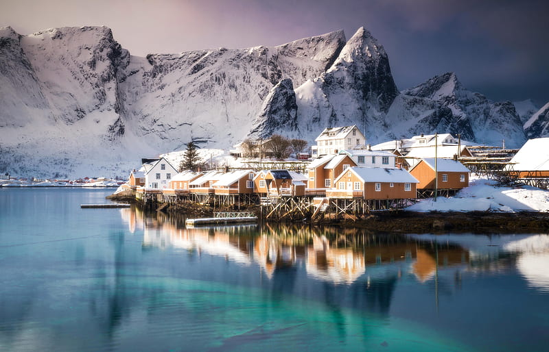 Village, Lofoten, snow, mountains, home, Norway, sea, winter, HD wallpaper