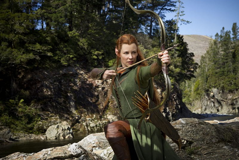 Evangeline Lilly as Tauriel, the hobbit, movie, the desolation of smaug, evangeline lilly, elf, woman, arrow, fantasy, tauriel, girl, actress, archer, princess, HD wallpaper