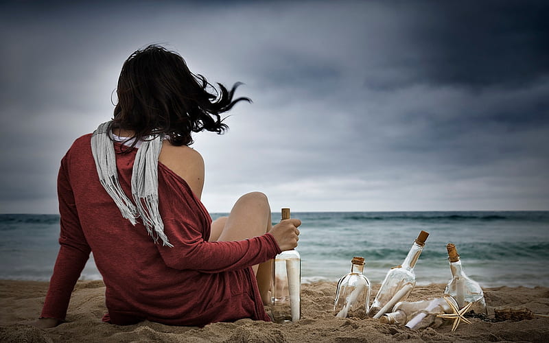 Waiting, pretty, messages, bottle, clouds, beach, she, beauty, lovely, ocean, wind, waves, sky, sexy, starfish, hands, water, starfishes, scarf, sands, bonito, woman, sea, hope, hair, message, sand, miss you, hot, bottles, letter, female, model, view, legs, colors, bikini, girl, peaceful, nature, HD wallpaper