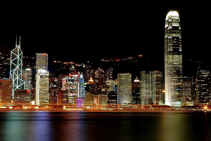 Son et Lumiere, water, harbour, hong kong, reflection, lights, night, HD wallpaper