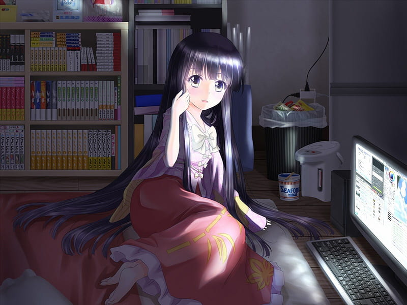 Looking for something..., cool, anime, looking for somrthing, computer, anime girl, pruple hair, long hair, bookcase, HD wallpaper