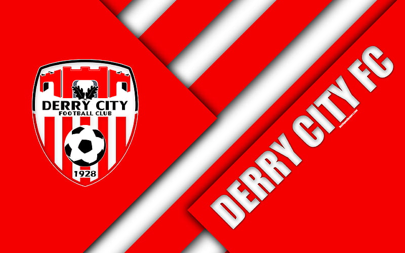 Derry City FC logo, red white abstraction, Irish Football Club, material design, emblem, Derry, Ireland, football, League of Ireland Premier Division, HD wallpaper