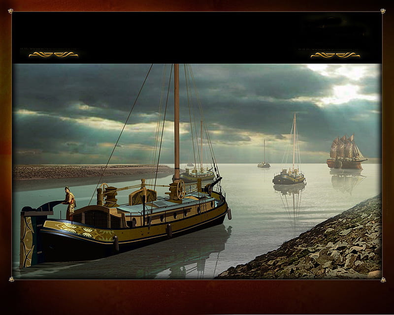 barge, 3d, river, HD wallpaper