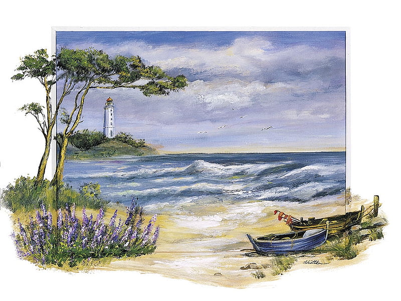 Turbulent Afternoon - Lighthouse F2, art, shore, ocean, katharina schottler, surf, waves, artwork, lighthouse, beach, sand, water, painting, seascape, scenery, schottler, HD wallpaper